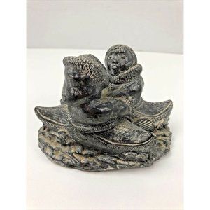 A Wolf Original Art Sculpture Handmade Canada Soapstone Eskimo Couple Canoe
